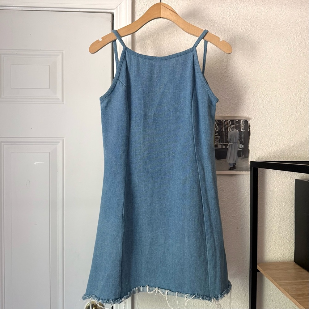 SIR. blue scoop back sleeveless high neck fray raw hem denim mini dress